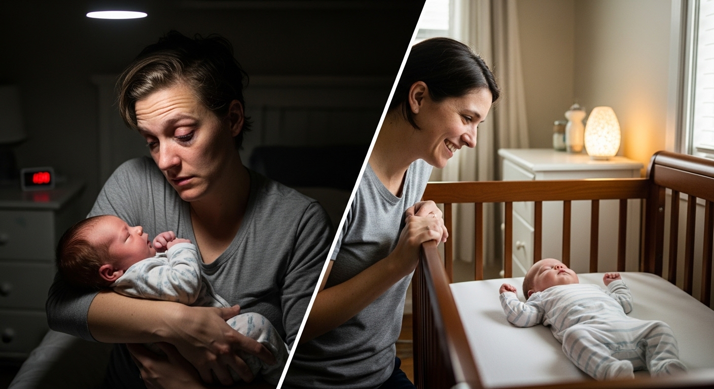 수면 교육 전 지친 부모와 성공 후 평화롭게 잠든 아기를 바라보는 행복한 부모의 모습