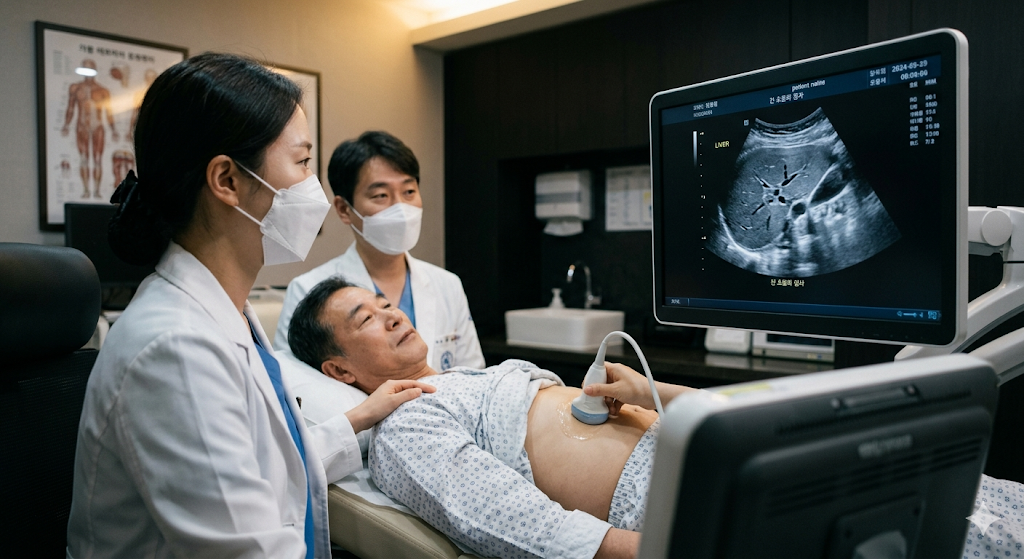 초음파 기기로 간을 검사하는 장면