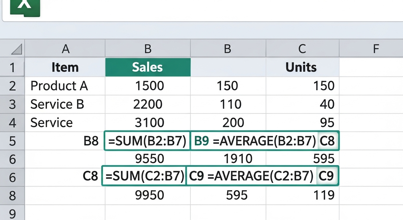 엑셀 SUM 및 AVERAGE 함수 사용 예시와 결과가 표시된 스프레드시트 화면