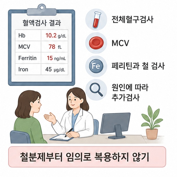 전체혈구검사와 MCV, 페리틴과 철 관련 검사를 확인해 헤모글로빈이 낮은 원인을 찾고 원인에 맞는 치료를 결정하는 모습을 보여 주는 그림