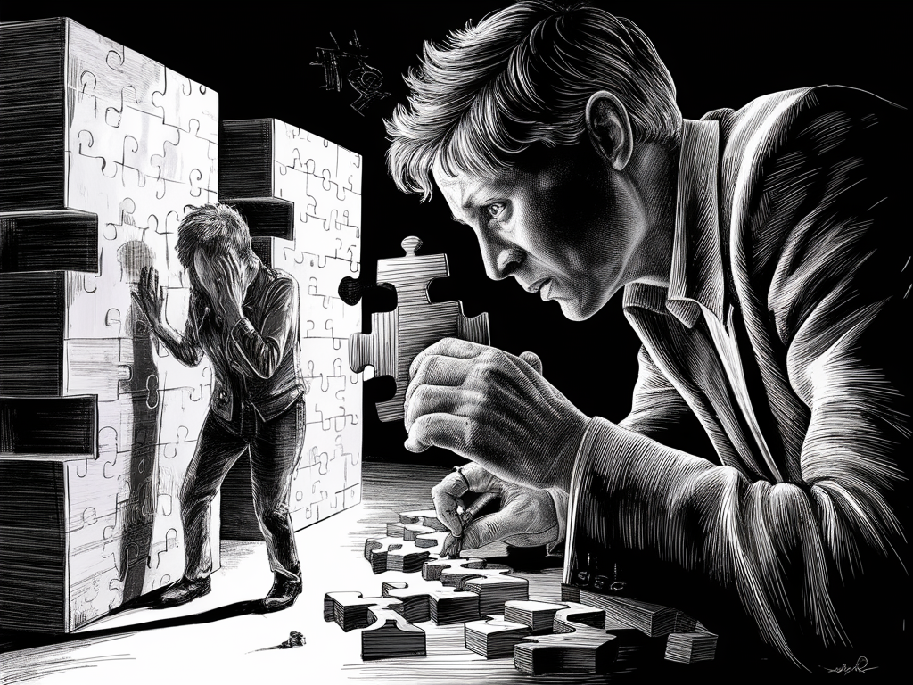 한쪽에서는 문제 앞에서 좌절하는 사람, 다른 쪽에서는 문제를 해결하는 사람이 나란히 비교되는 모습. 좌절과 해결력의 차이를 보여주는 장면