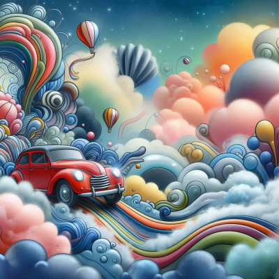 다채로운 색상과 구름이 결합된 장면으로 꿈같은 분위기를 전달하는 그림입니다.