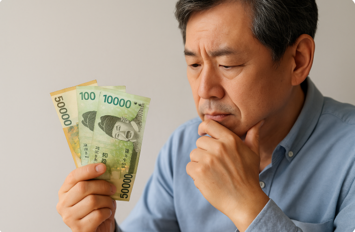 중년 남성이 5만원권과 1만원권 지폐를 손에 들고 진지하게 고민하는 모습