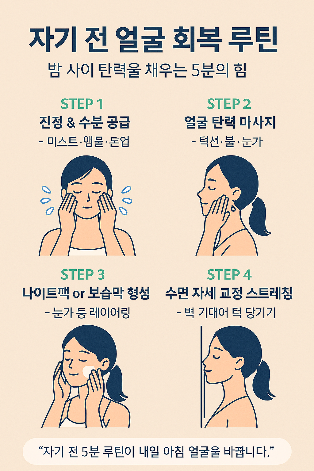 밤 사이 얼굴 탄력을 회복하고 수분을 채우는 자기 전 루틴을 소개하는 한국어 인포그래픽 이미지로, 마사지, 수분 케어, 스트레칭 동작이 포함된 플랫 스타일 일러스트