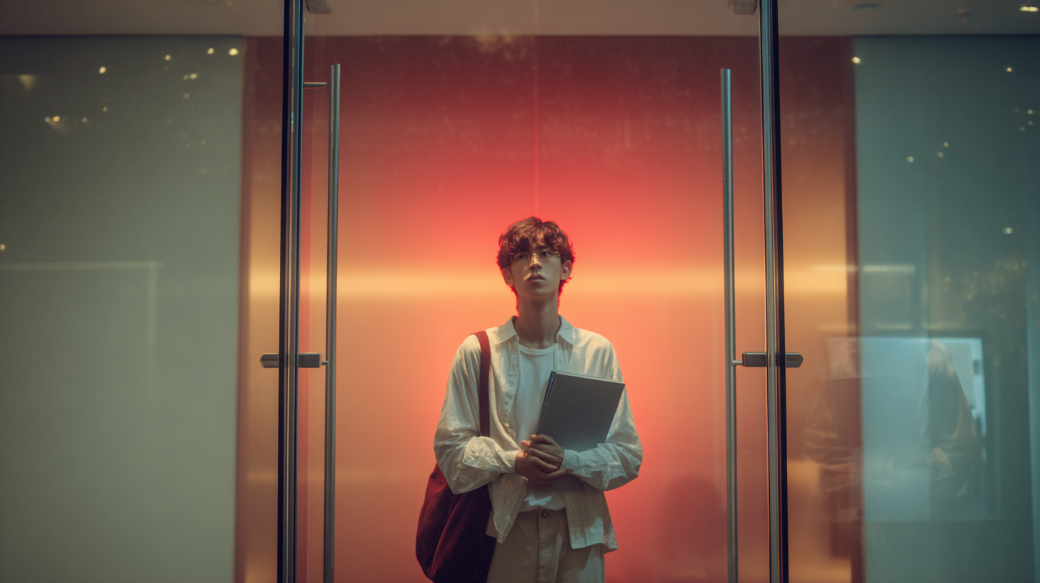 닫힌 유리 사무실 문 앞에 서 있는 한국 대학생의 극적인 장면