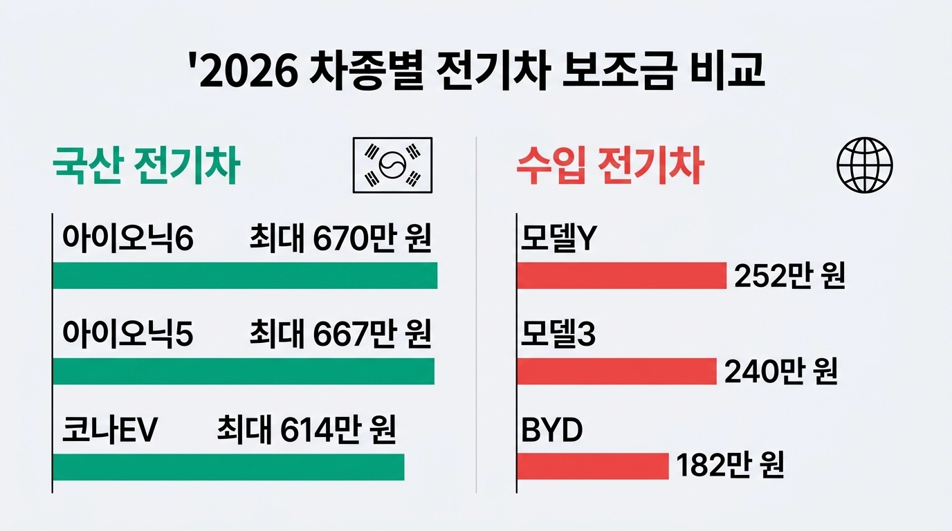 2026년 주요 전기차 차종별 국고 보조금 금액 비교 인포그래픽