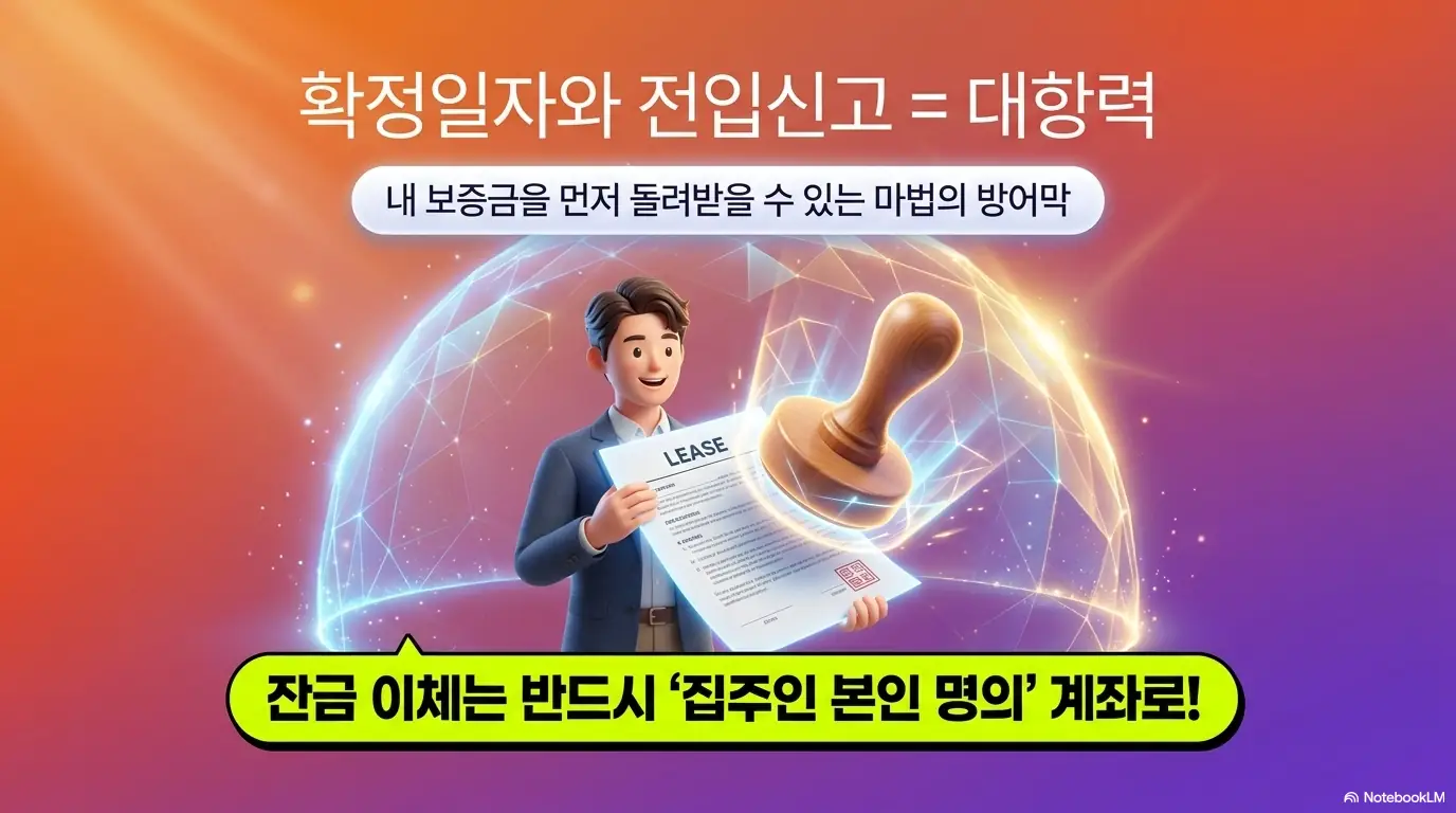 전세 계약시 유의사항: 확정일자와 전입신고가 곧 대항력이며 내 보증금을 먼저 돌려받을 수 있는 마법의 방어막이라는 내용과 잔금 이체는 반드시 집주인 본인 명의 계좌로 해야 한다는 주의사항이 포함된 이미지