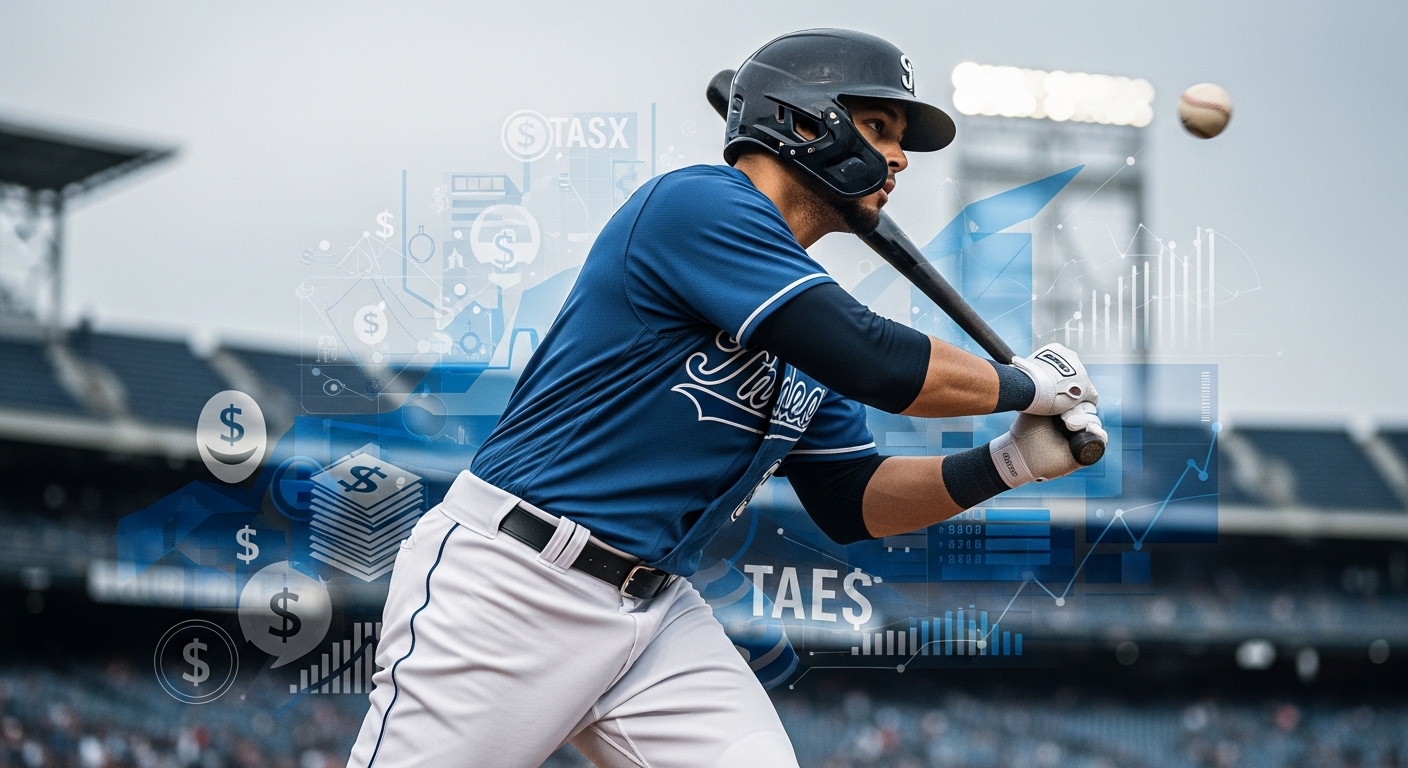 프로야구 선수가 역동적인 자세로 투구하거나 타격하는 모습 뒤로 세금과 재정 관련 그래픽이 추상적으로 겹쳐진 이미지. 선수들의 높은 연봉과 세금의 현실을 상징함.