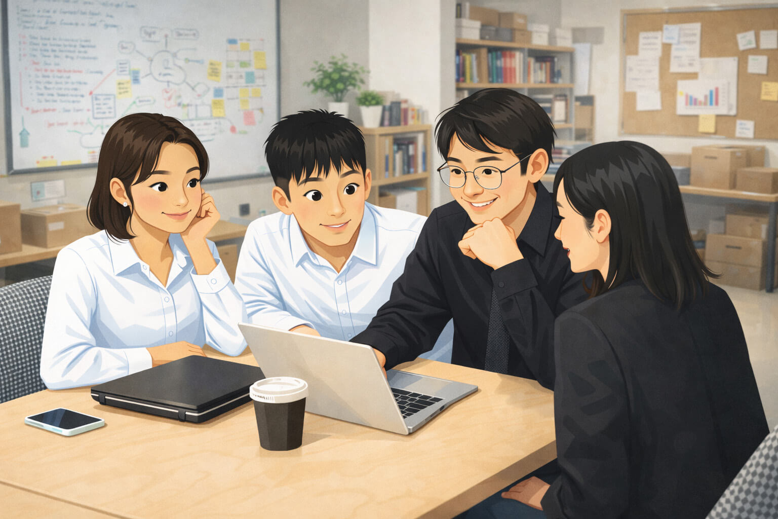 청년 예비창업팀이 노트북을 보며 회의하는 스타트업 사무실 분위기의 심플한 일러스트