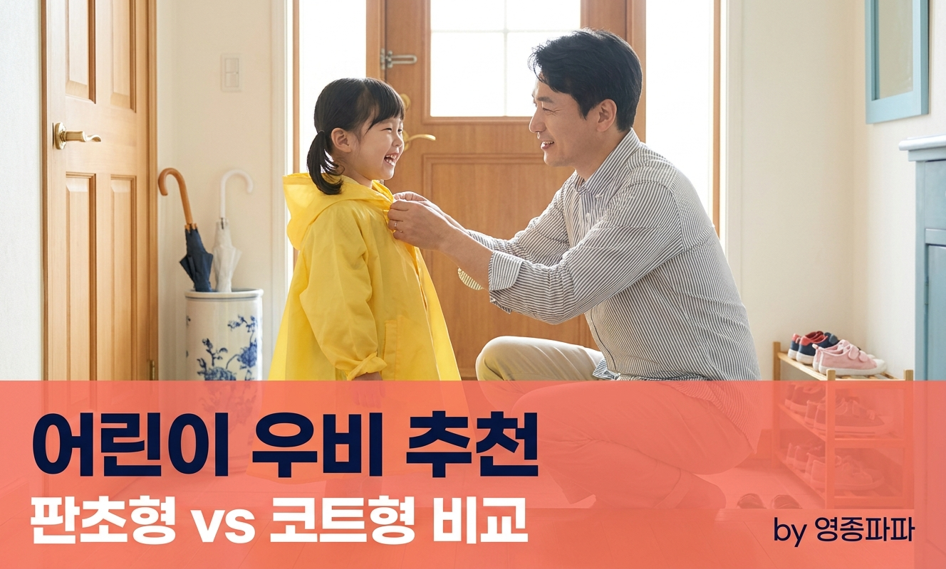 비오는날 아이에게 우비 입히는 아빠