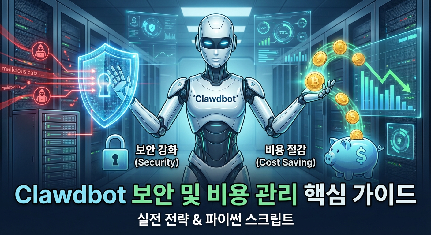 AI 비서 Clawdbot이 중앙에 있고, 왼쪽에는 방패와 자물쇠로 보안을 강화하는 모습, 오른쪽에는 코인이 저금통으로 들어가며 비용이 절감되는 모습을 보여주는 이미지. 하단에 'Clawdbot 보안 및 비용 관리 핵심 가이드'와 '실전 전략 &amp; 파이썬 스크립트'라는 텍스트가 있다.