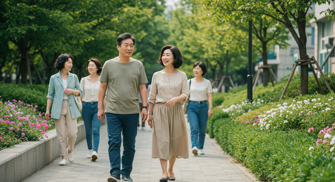 산책 모임에서 대화하는 중년 커플