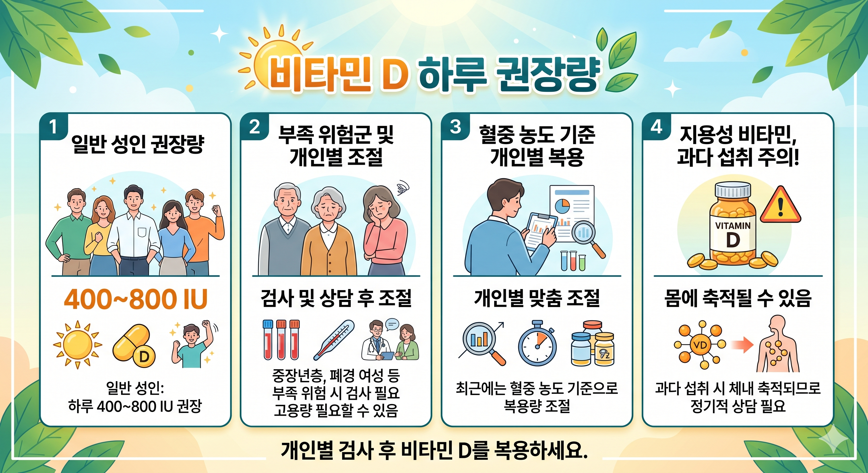 일반적인 비타민D 권장량은 성인 기준 400~800IU
