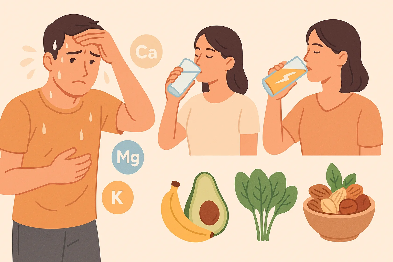 땀을 많이 흘려 전해질이 손실된 사람, 전해질(칼슘, 마그네슘, 칼륨, 나트륨) 아이콘, 물만 마시는 것과 전해질 음료를 마시는 장면 비교, 마그네슘이 풍부한 음식(바나나, 아보카도, 시금치, 견과류) 나열