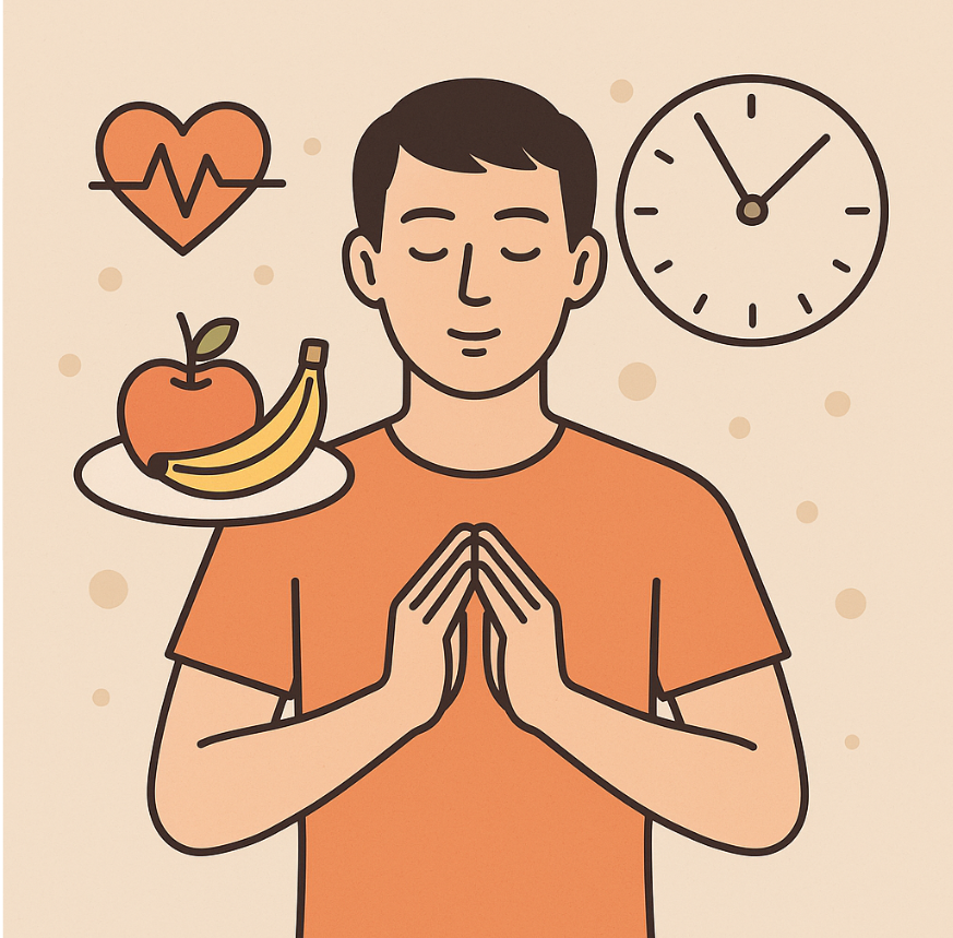 남성이 눈을 감고 단식과 건강 관리를 상징하는 차분한 자세 취하고 있는 이미지