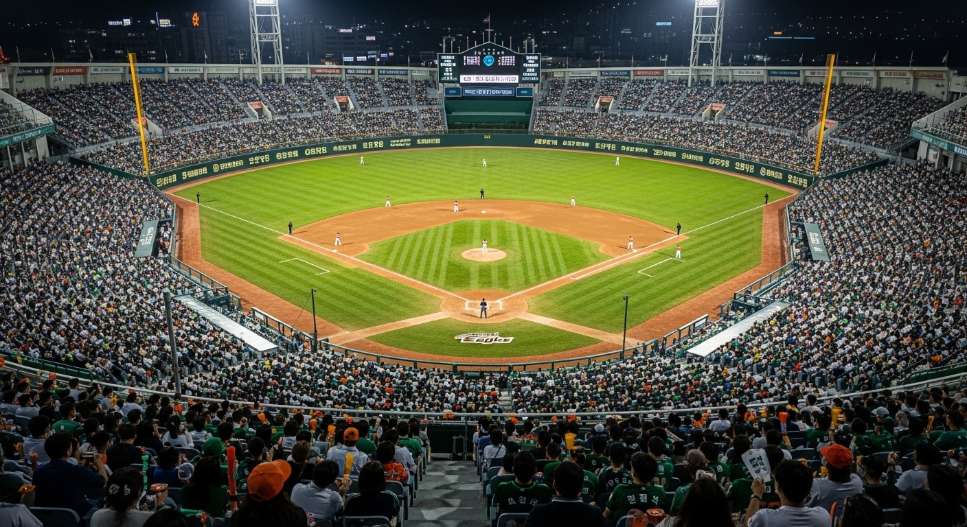 대전 한화생명 이글스파크의 야간 경기 모습. 가득 찬 관중석과 뜨거운 응원 열기가 경기장의 전경을 압도합니다. 2025 한국시리즈의 긴장감 넘치는 분위기를 담고 있습니다.