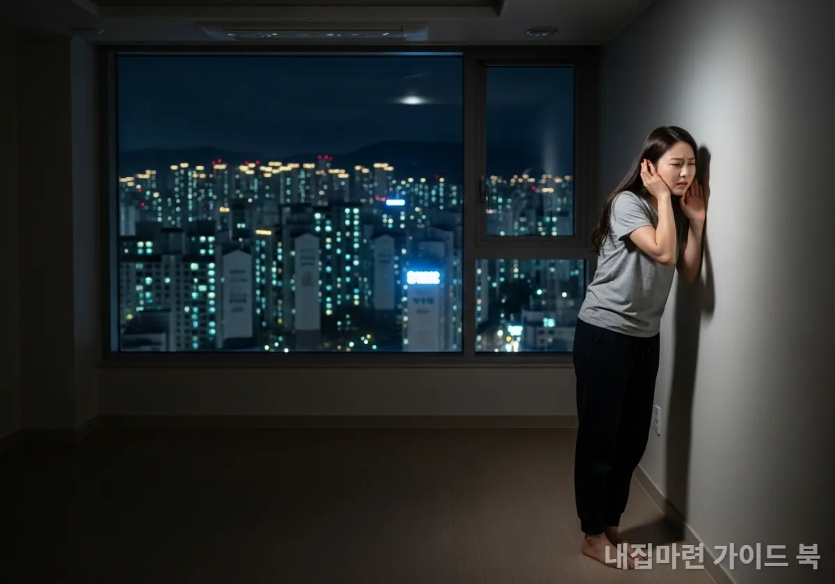 밤늦은 시간 아파트 복도에서 층간소음과 외부 소음을 확인하는 모습