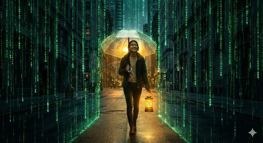 차가운 디지털 코드 비가 내리는 세상 속에서, 우산을 쓴 인간이 따뜻한 등불(자신만의 이야기)을 들고 환하게 웃으며 걸어가는 모습