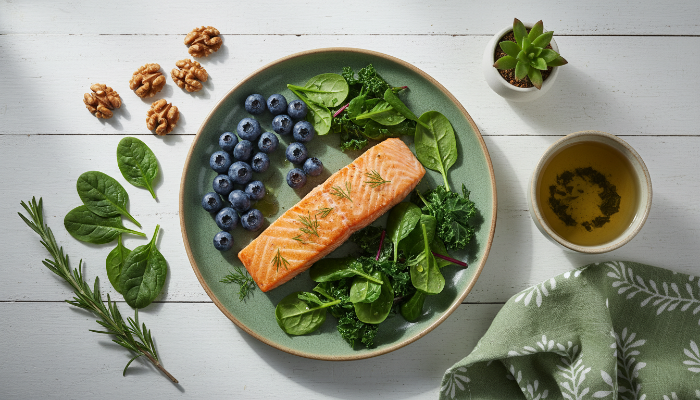 뇌 건강에 좋은 블루베리, 호두, 연어, 녹색 채소가 차려진 건강한 식단 이미지