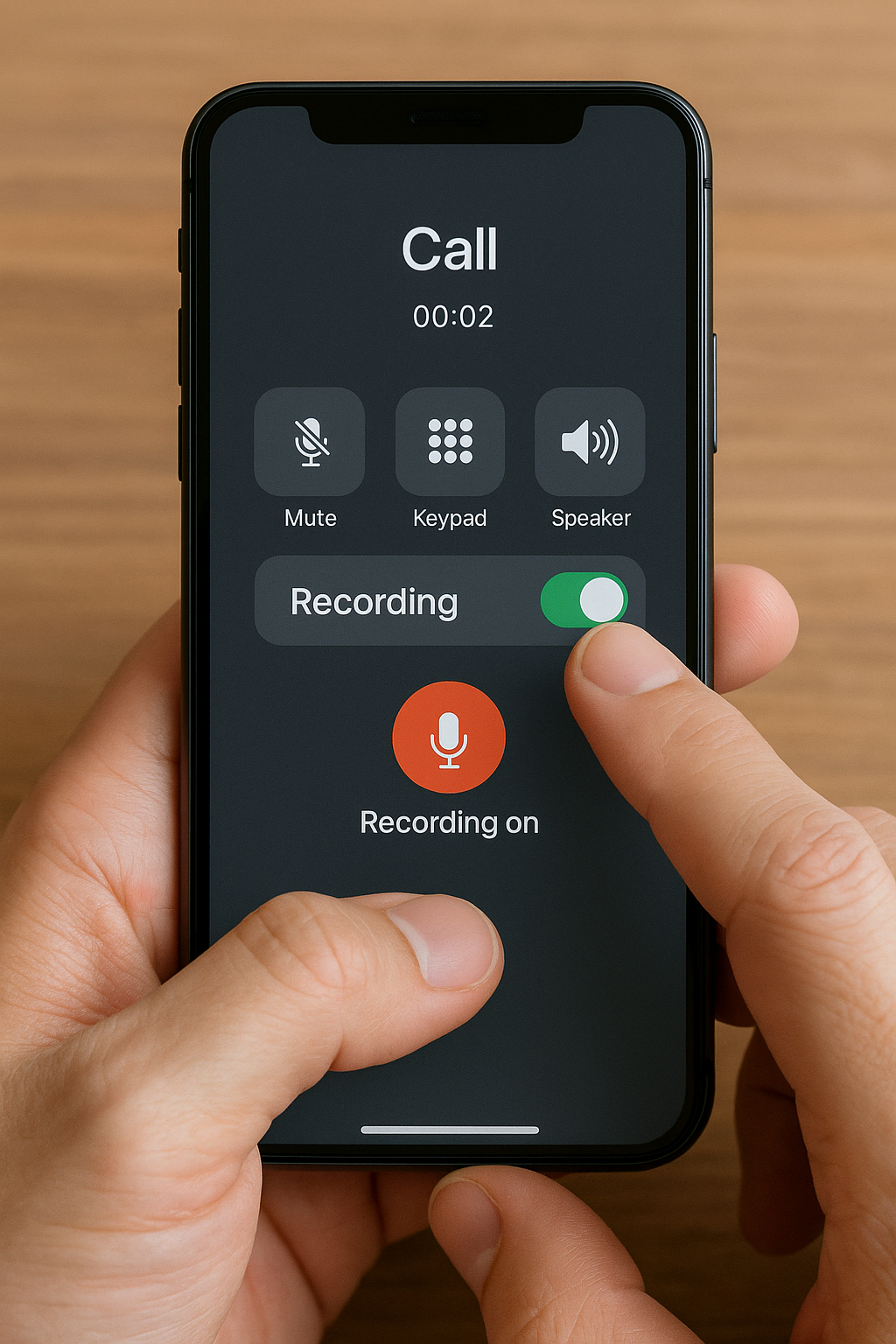 스마트폰으로 통화 녹음을 설정하는 장면, 화면에 ‘녹음 중’ 아이콘이 표시된 모습