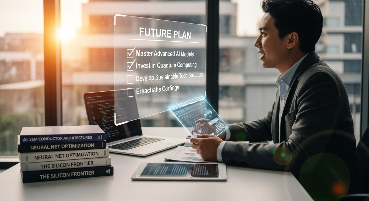 미래 AI 반도체 산업의 기회를 잡기 위해 개인 역량 강화 계획을 세우고 학습하는 전문가의 모습과 체크리스트
