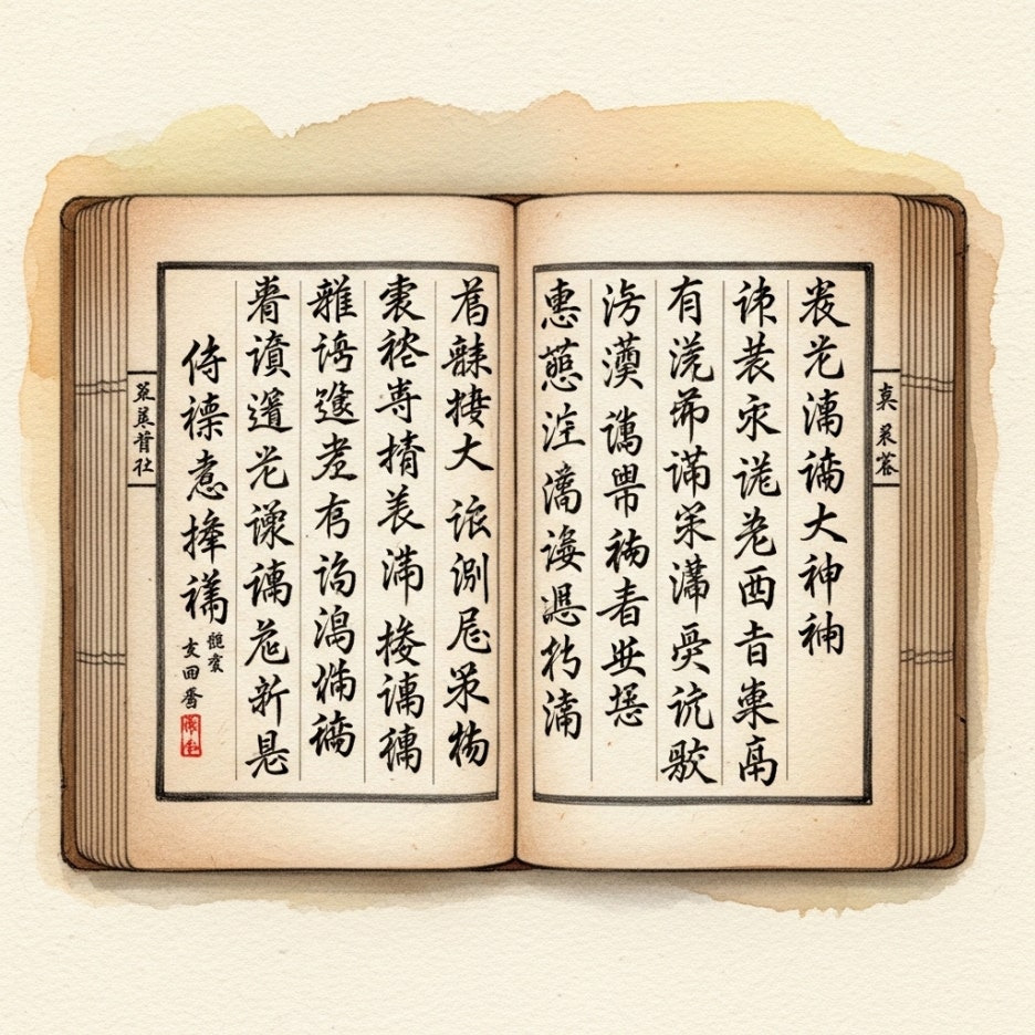 고전 한자 문구가 적힌 오래된 서적과 한지 질감