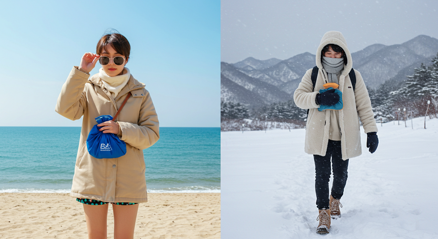 강원도의 여름 해변과 겨울 설산 풍경을 대비하여 보여주는 이미지.