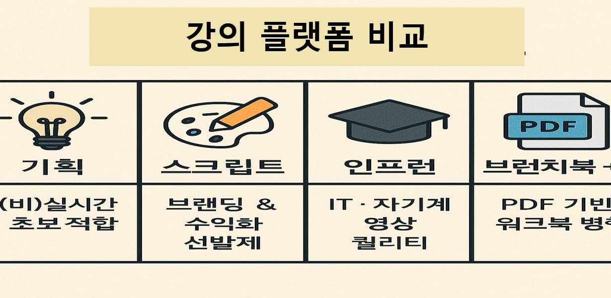 “강의 플랫폼 비교 – 탈잉, 클래스101, 인프런, 브런치북+링크잇을 아이콘과 함께 비교한 가로형 인포그래픽”