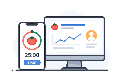 포모도로 타이머가 동작하는 스마트폰데스크톱 UI, 타이머&middot;그래프&middot;집중 아이콘 연출, 밝은 톤