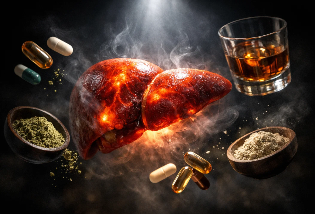 지방간 악화 요인 술과 검증되지 않은 영양제로 간에 부담이 가해지는 모습