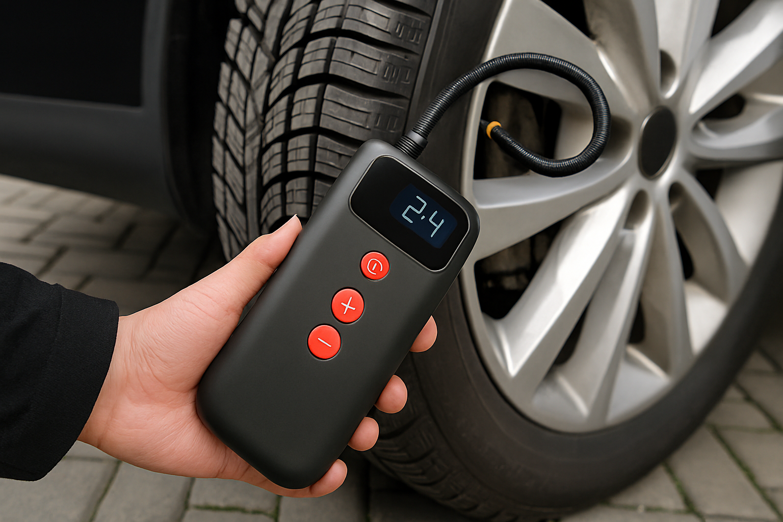 타이어 공기압을 확인하고 관리하는 모습의 이미지