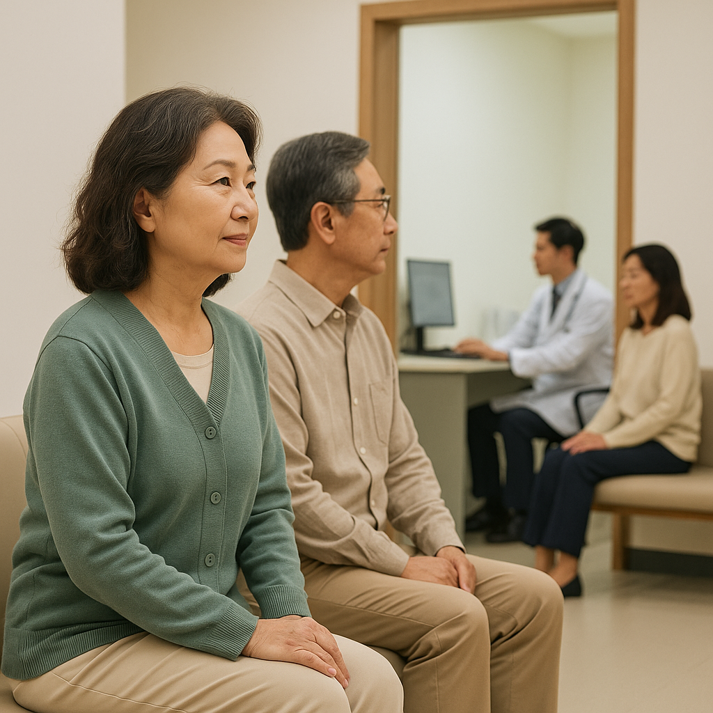 건강검진 또는 진료를 받기 위해 병원 대기실에서 차분하게 기다리는 50대 중년 부부의 실사 사진. 암보험&amp;#44; 의료 정보&amp;#44; 건강관리 주제의 블로그 글에 자연스럽게 어울리는 현실감 있는 시각 자료.