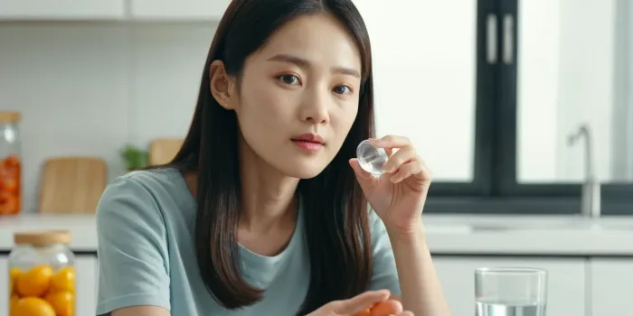 물과 함께 비타민 캡슐을 삼키는 장면