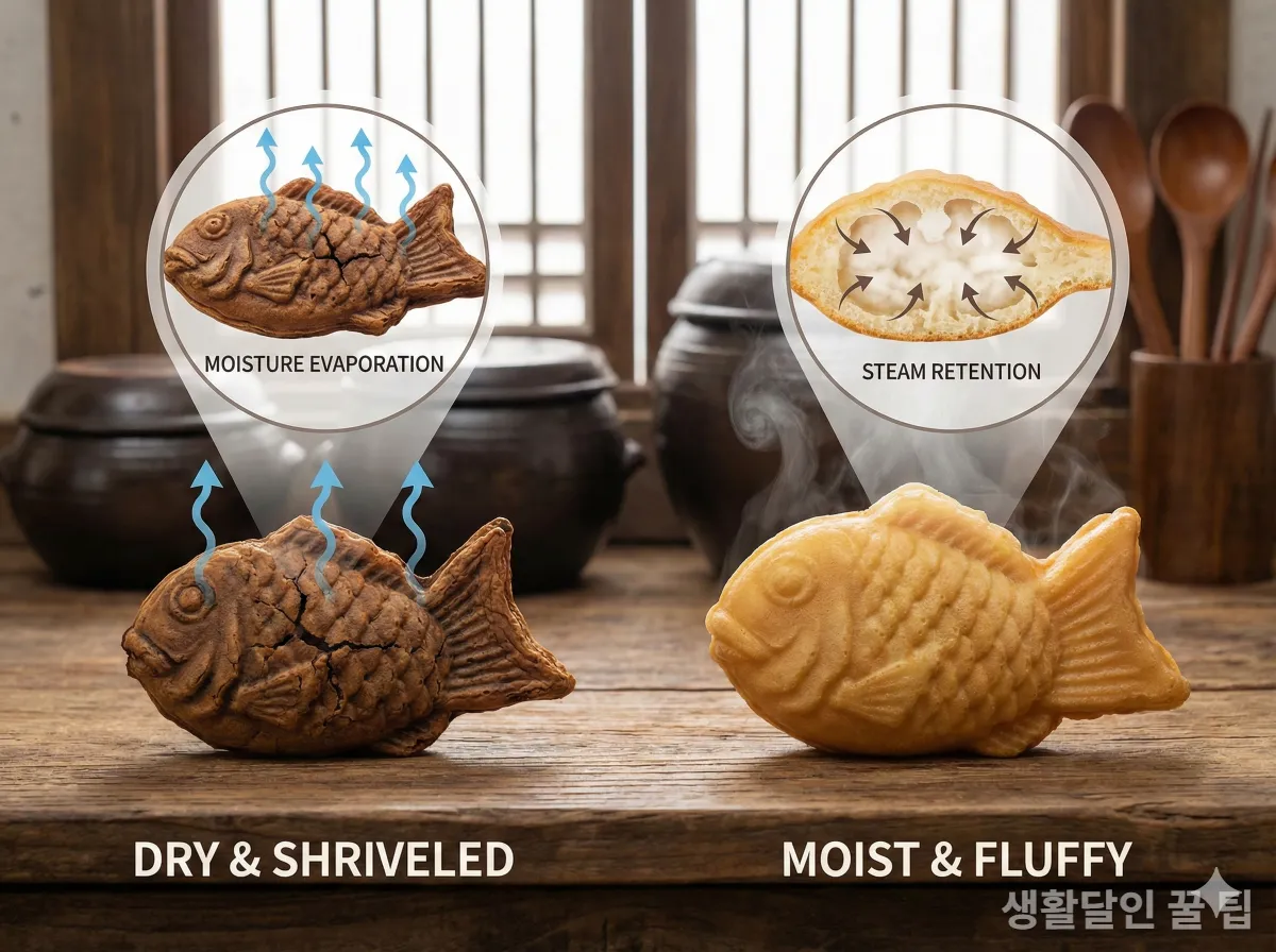 수분이 빠져나가 눅눅해진 붕어빵과 촉촉한 붕어빵 비교