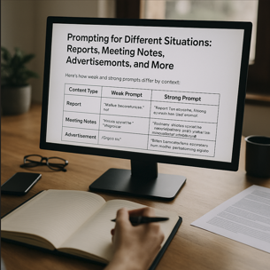 다양한 상황에 맞는 프롬프트 작성 중인 컴퓨터 화면. 펼쳐진 노트와 펜을 들어 글을 쓰고 있다