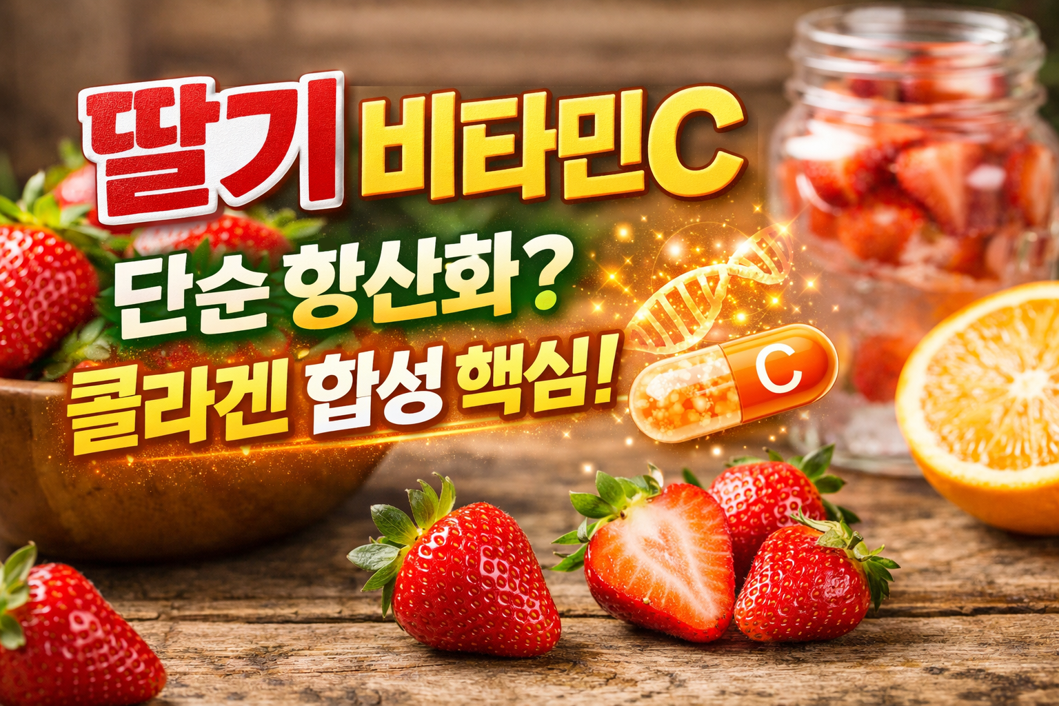 딸기 비타민C와 콜라겐 합성 역할을 설명하는 정보형 이미지, 딸기와 비타민C 캡슐 일러스트