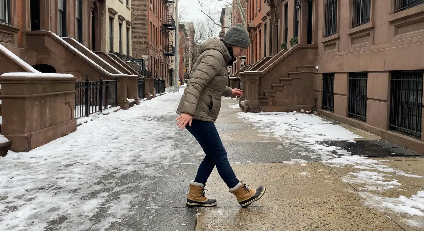 무릎을 살짝 굽히고 균형을 유지하며 걷는 올바른 겨울 보행 자세