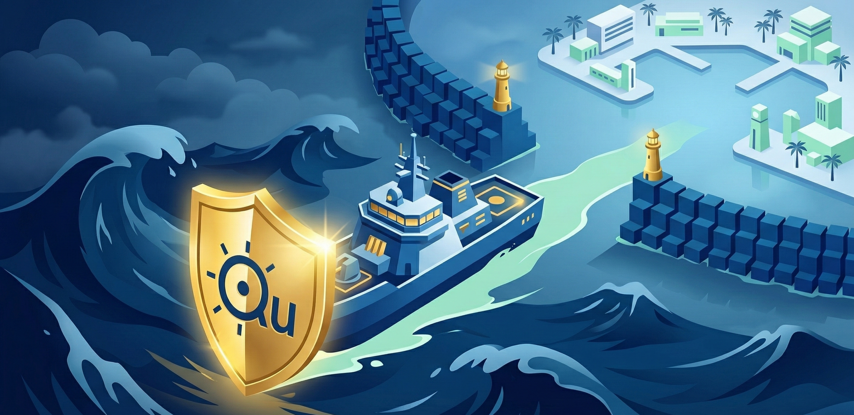 Golden shield on a ship heading to safe harbor / 안전 자산 대피와 자산 보호 전략