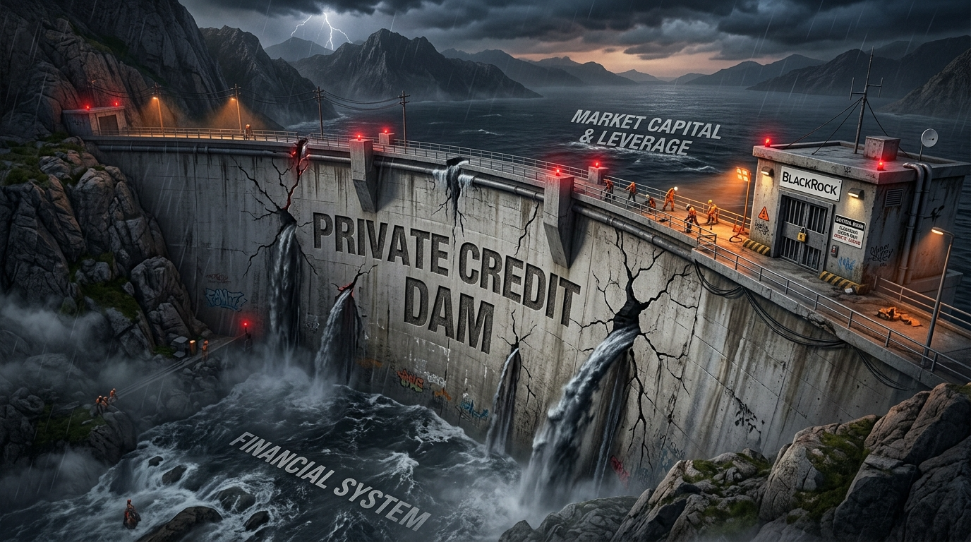 거대한 사모 대출 펀드라는 댐에 '환매 요청'이라는 균열이 생기고, 블랙록 로고가 새겨진 문이 굳게 닫히는 긴박한 3D 일러스트