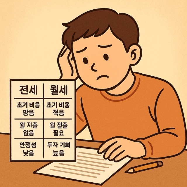 다양한 전세·월세 조건이 적힌 표를 보며 고민하는 1인가구