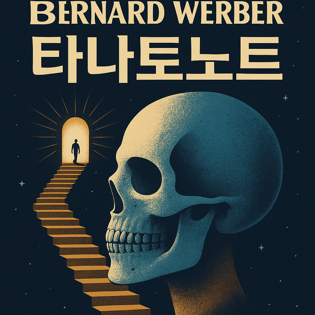 타나토노트문구와 해골,계단을 걷는 사람 이미지