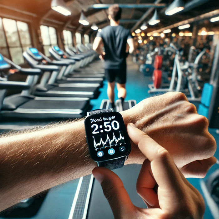 헬스장에서 트레드밀 위에서 스마트워치를 착용하고 혈당 수치를 모니터링하는 사용자.