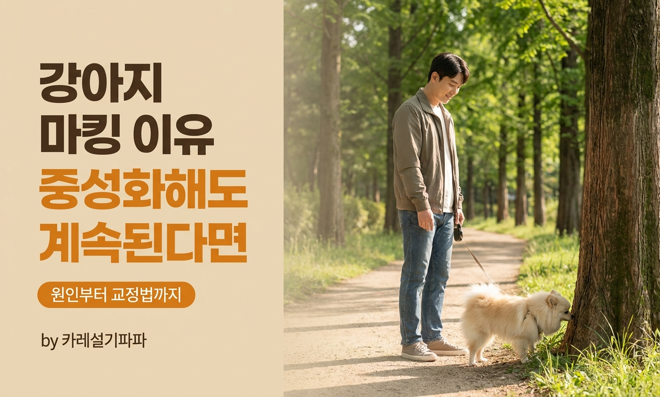 나무 냄새 맡는 강아지와 산책하는 남성