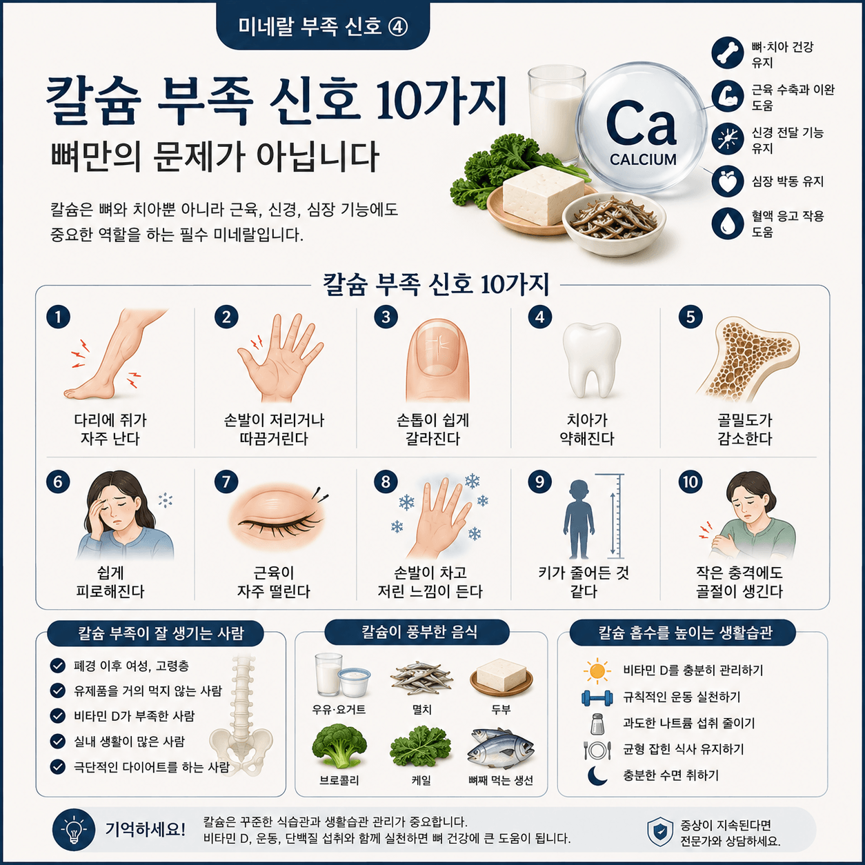 칼슘 부족으로 나타나는 대표 증상과 칼슘이 풍부한 음식, 관리 방법을 한눈에 정리한 건강 인포그래픽