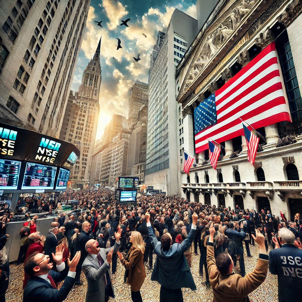 People celebrating at the peak of the stock marke