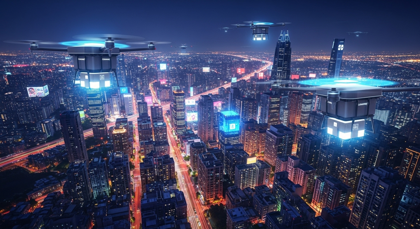 타이완 도시 상공을 가로지르는 쿠팡 로켓배송 드론들이 효율적인 물류 시스템과 해외 시장에서의 폭발적인 성장을 상징하는 모습.