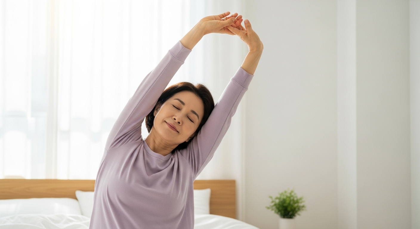 혈압 낮추는 아침 스트레칭을 실천하는 한국 중년 여성