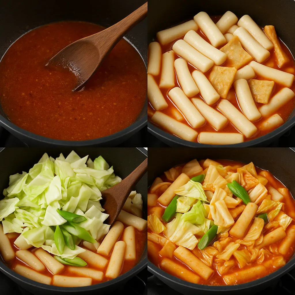 떡볶이 양념과 재료가 조리되는 과정