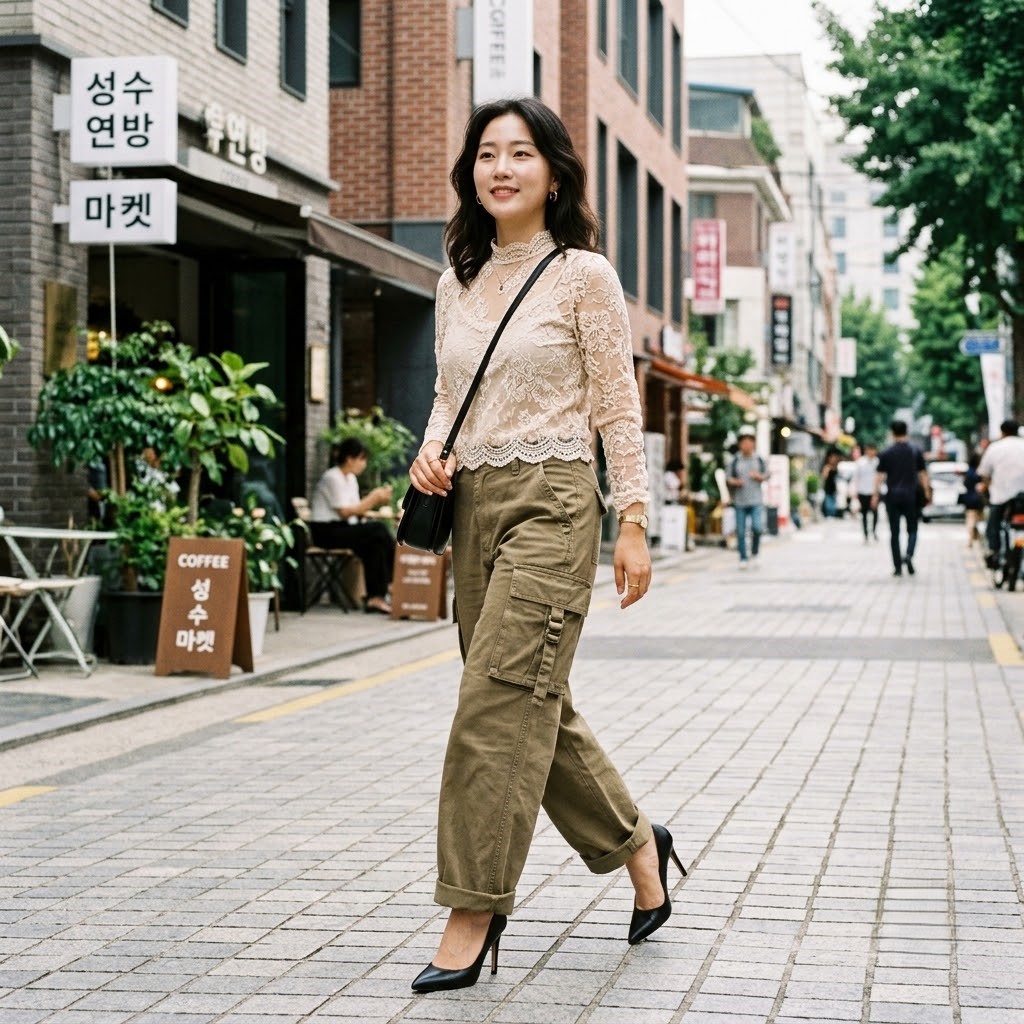 카키 카고 팬츠에 레이스 탑과 힐을 매치한 반전 스타일링 이미지

내용: 터프한 카고 팬츠에 레이스 탑 매치하면
군복 무드와 여성스러움이 동시에 살아나요