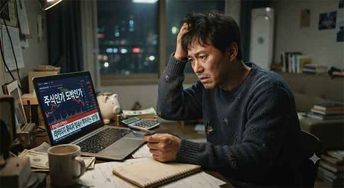 빚내서 주식 투자하며 고민하는 사람의 모습.